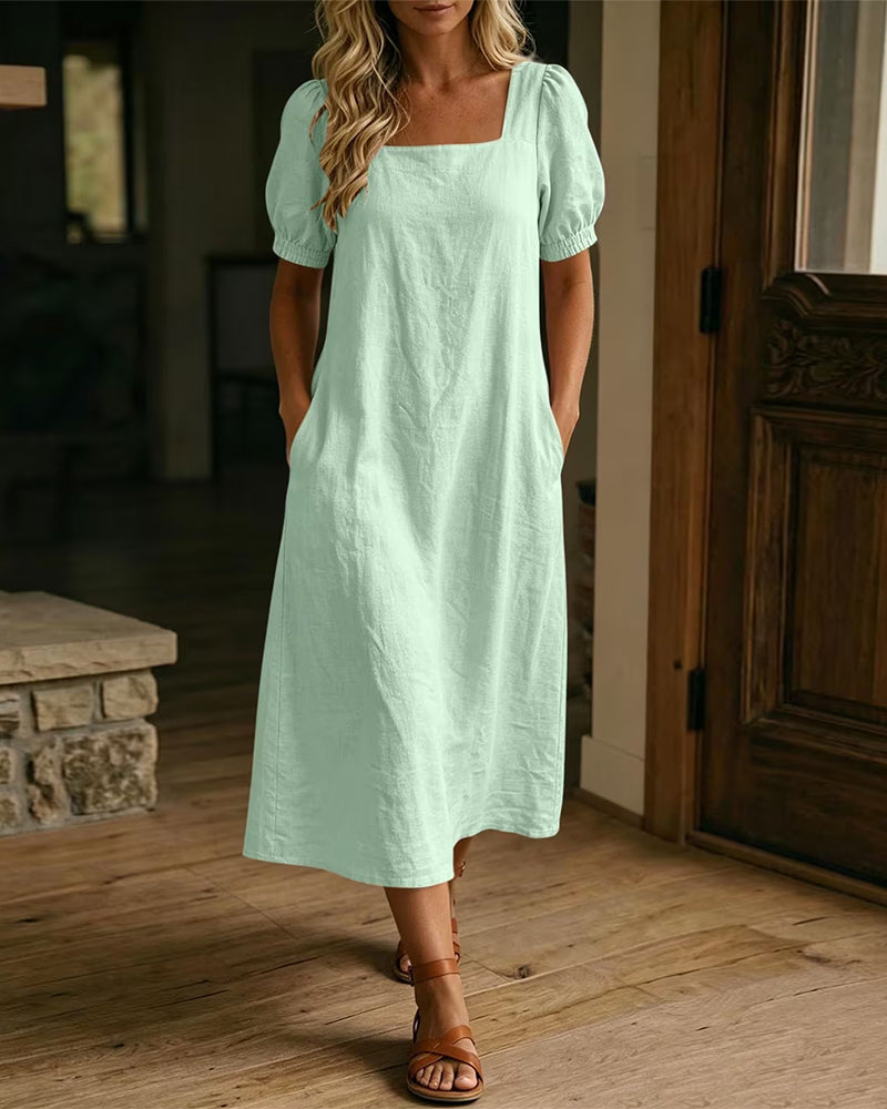 Robe Col Carré Manche Bouffante Poche