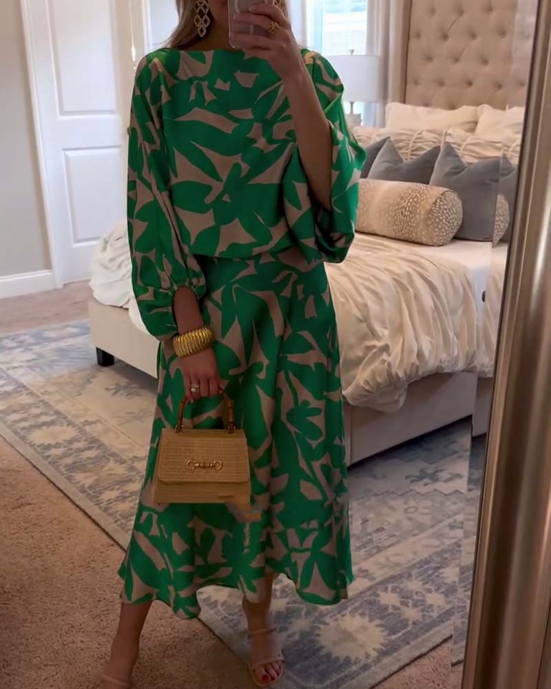 Ensemble Robe Décontractée Imprimé Manches Lanterne Tempérament