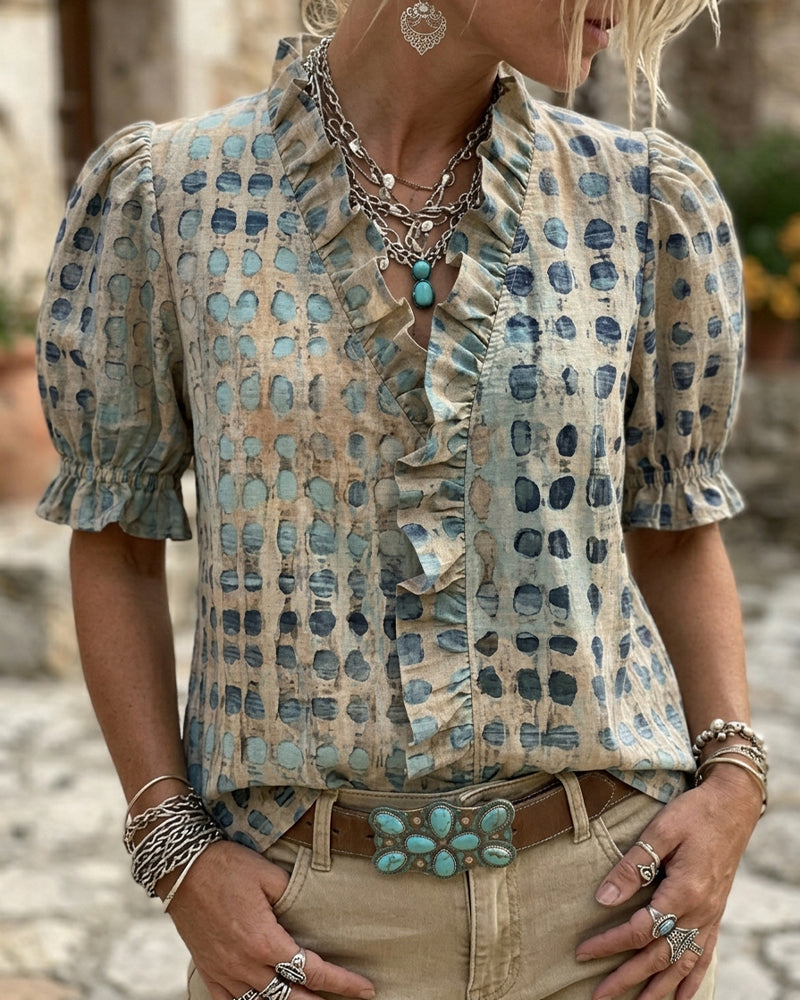 Blouse Pois Volanté Bord Col V