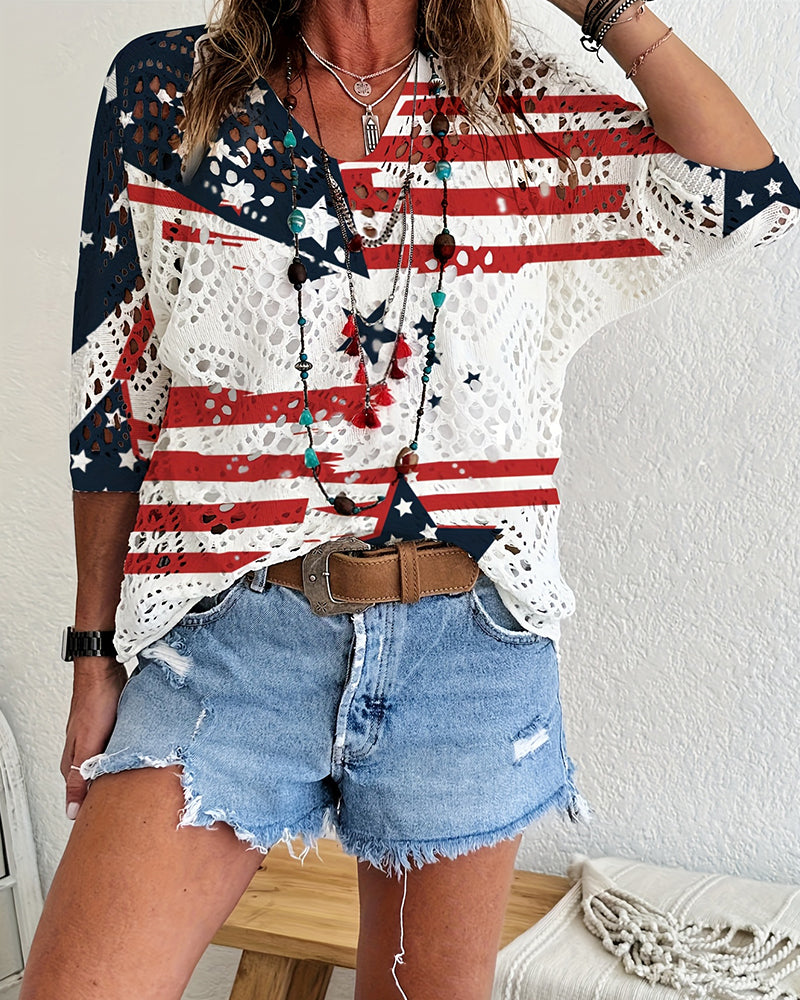 Pull-Over Imprimé Drapeau Découpe Cache-Cœur Tricoté