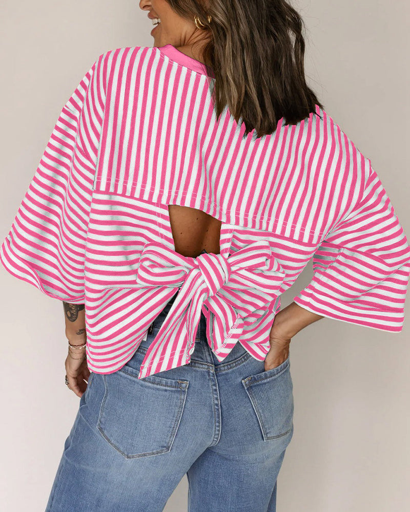 T-Shirt Col Rond Dos Creux Nœud Rayé