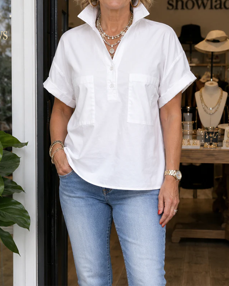 Blouse Poche Bouton Col En V Décontractée