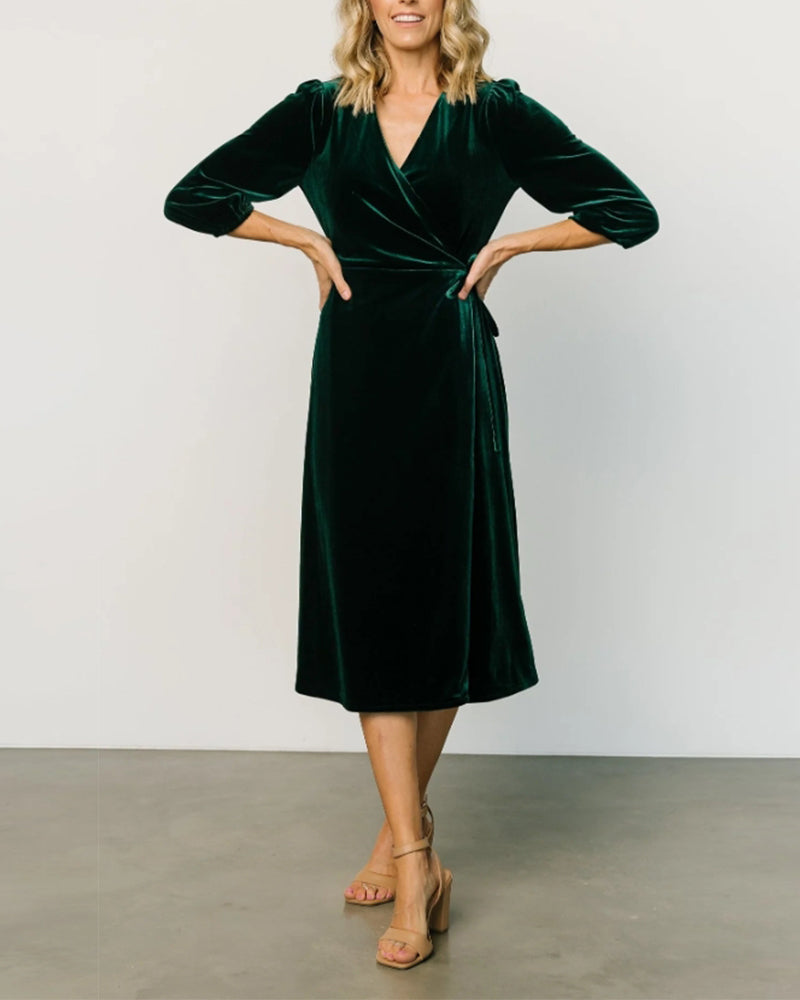 Robe élégante à col en V et manches trois-quarts à lacets de couleur unie