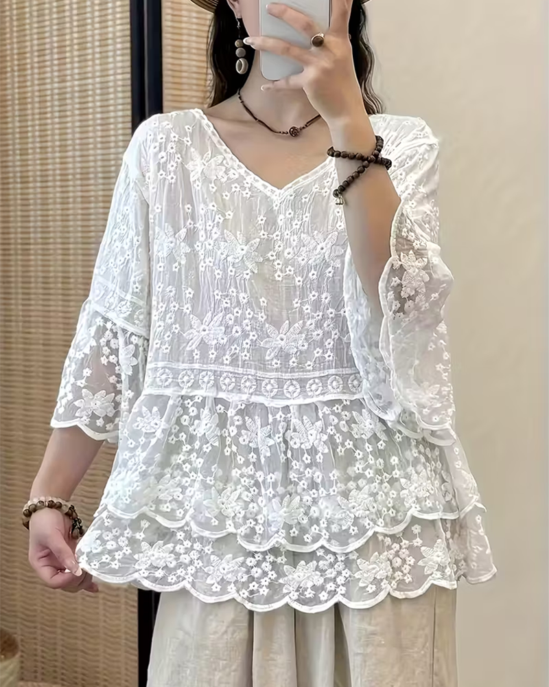 Blouse Manche Courte Dentelle Garniture