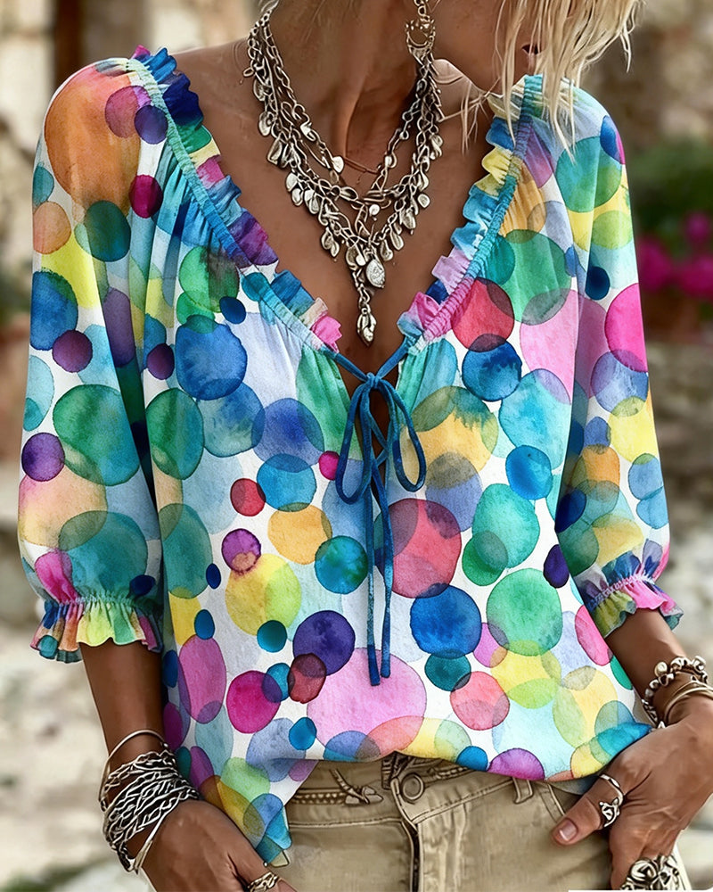 Blouse Col V À Manches À Volants
