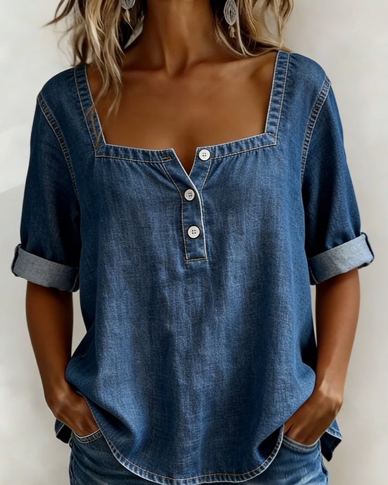 Chemise Col Carré Denim Demi-Manche