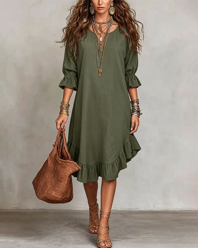 Robe Décontractée Col V Volanté Midi