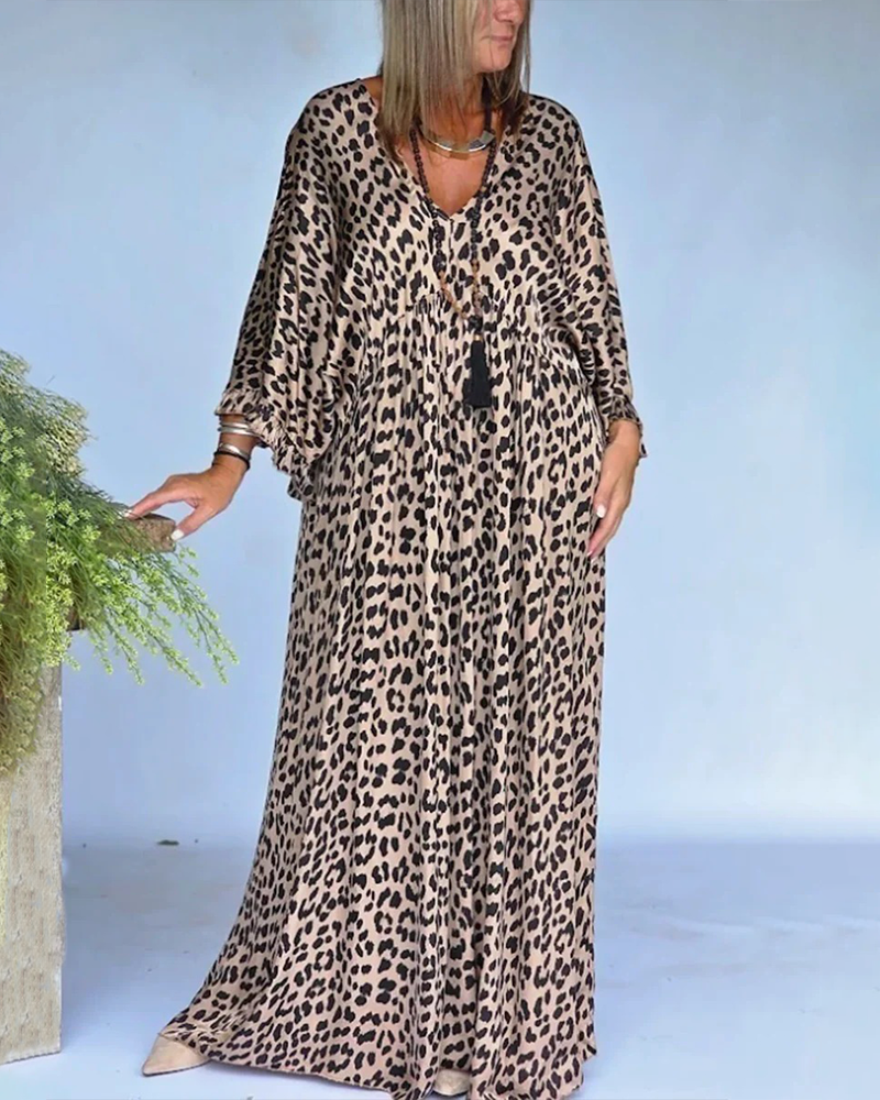 Robe Col En V Imprimé Léopard Coupe Loose Décontractée