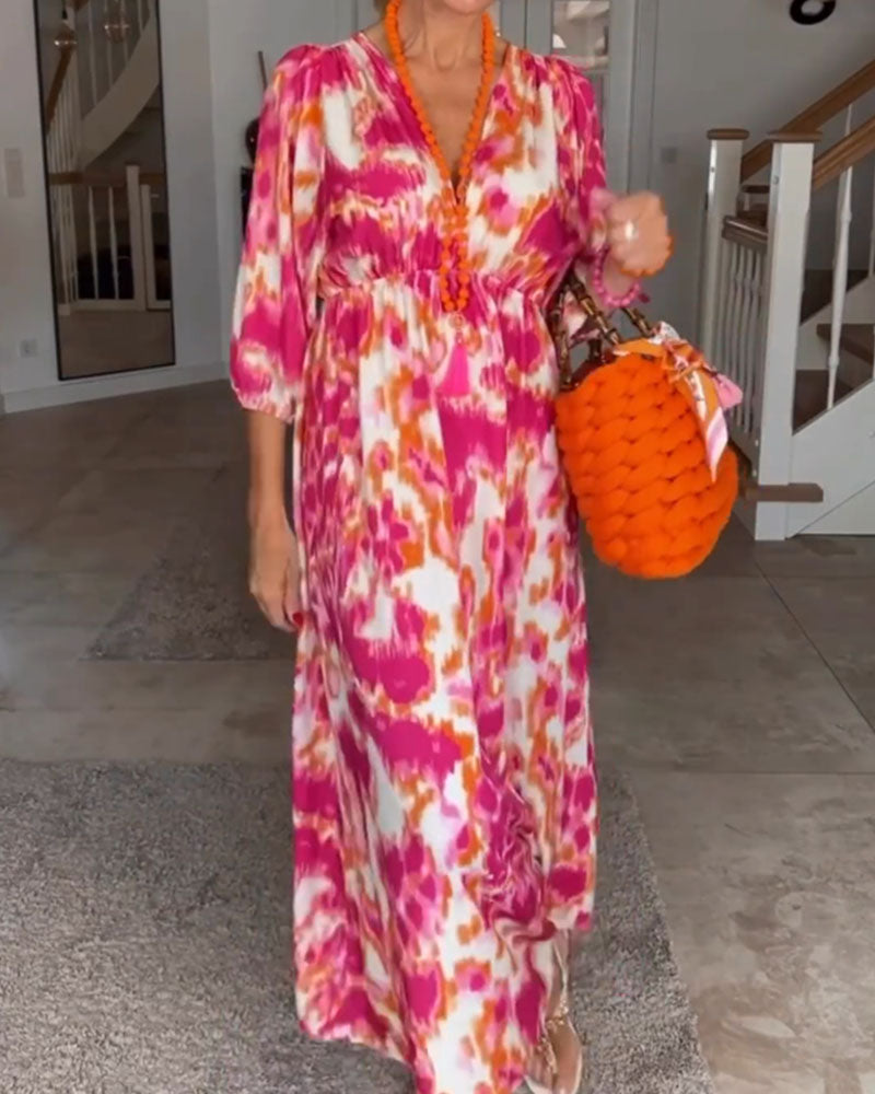 Robe à col en V à imprimé mode avec manches 3/4