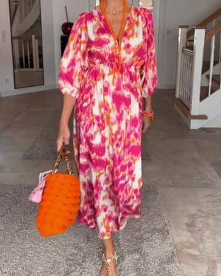 Robe à col en V à imprimé mode avec manches 3/4