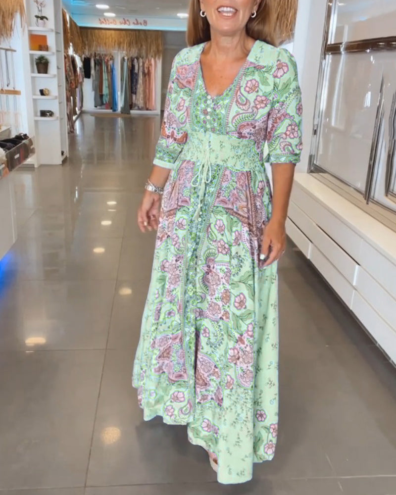 Robe de vacances à col en V et manches 3/4