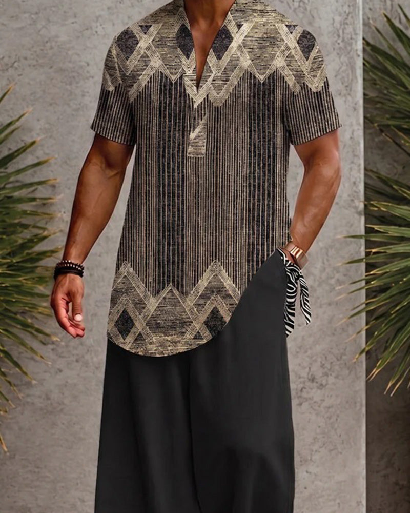 Blouse Col En V Rayé Homme Manches Courtes