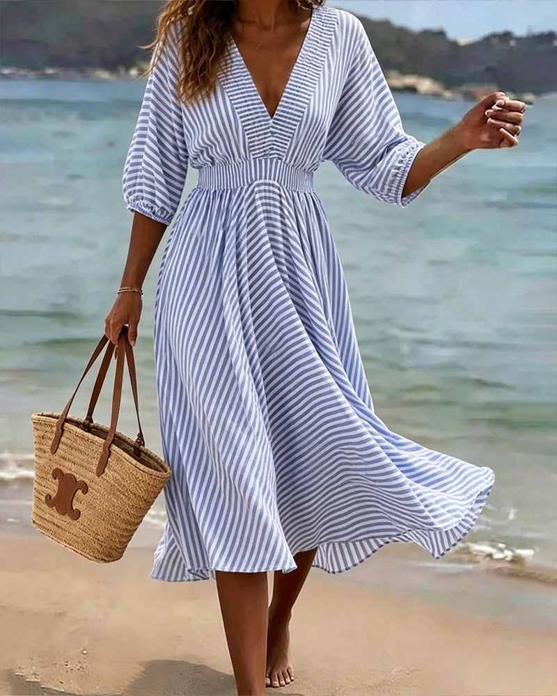 Robe Coupe A Rayée Manches Mi-Longues