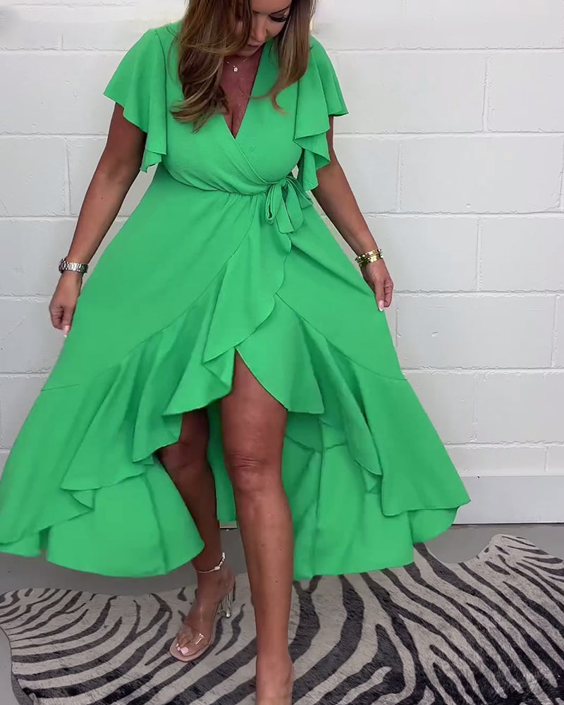 Robe élégante fendue de couleur unie à volants