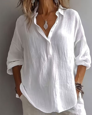 Blouse Unie Col Patte Demi-Patron Manches Longues