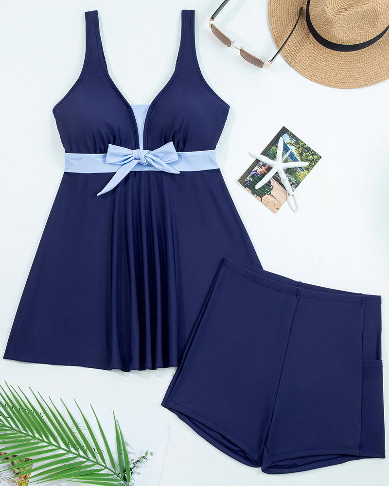 Tankini Blocage De Couleur Nœud Jupe