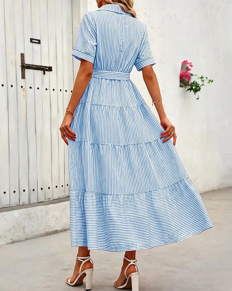 Robe Rayée Cintrée À Volants Chemise Maxi
