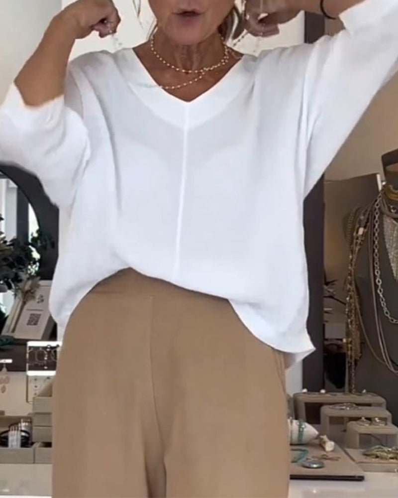 Chemisier patchwork décontracté à col en V et manches trois-quarts de couleur unie