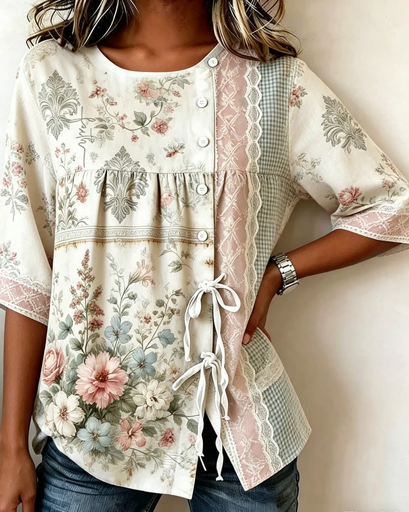 Blouse Imprimé Floral Rétro Décontractée