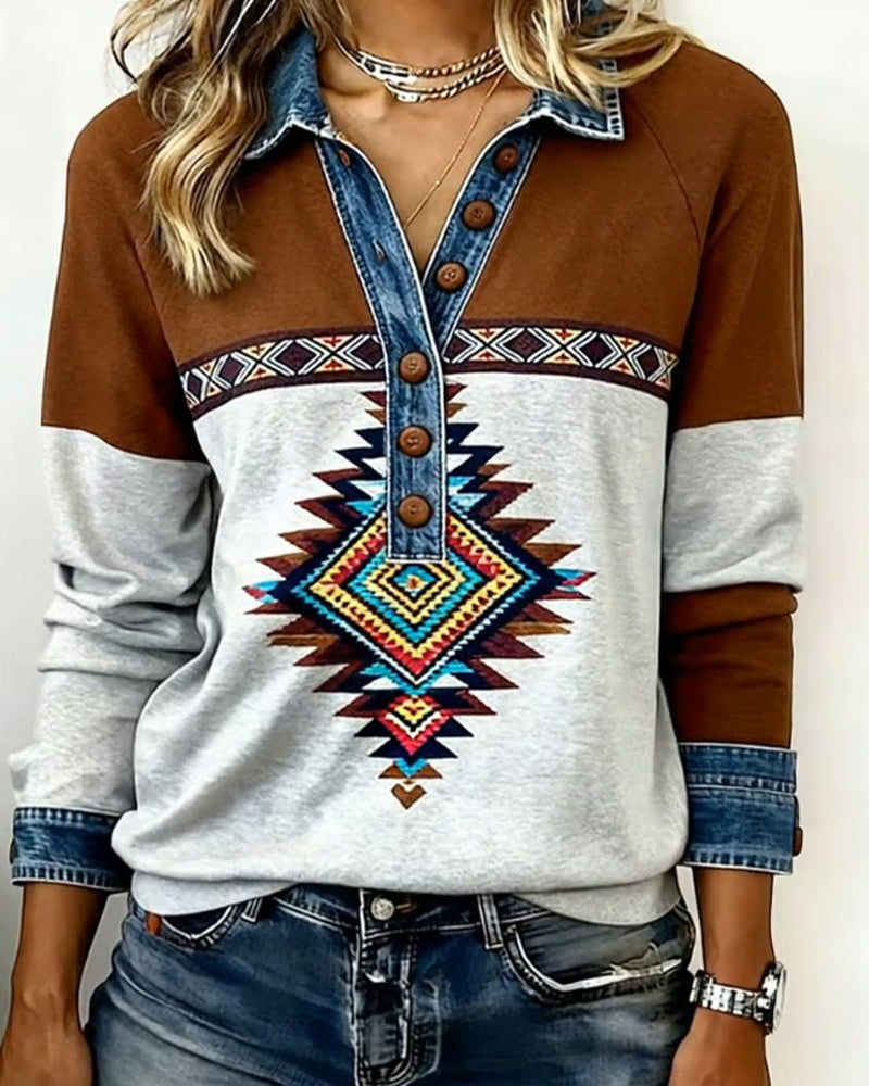 Sweat Imprimé Color-Block À Col Boutonné