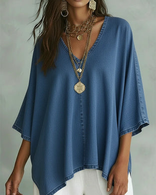 Blouse En Denim Ample À Col En V Irrégulier