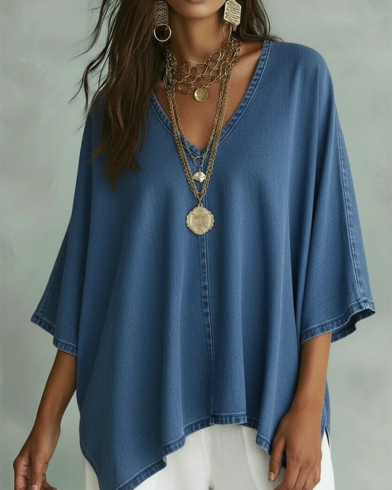 Blouse En Denim Ample À Col En V Irrégulier