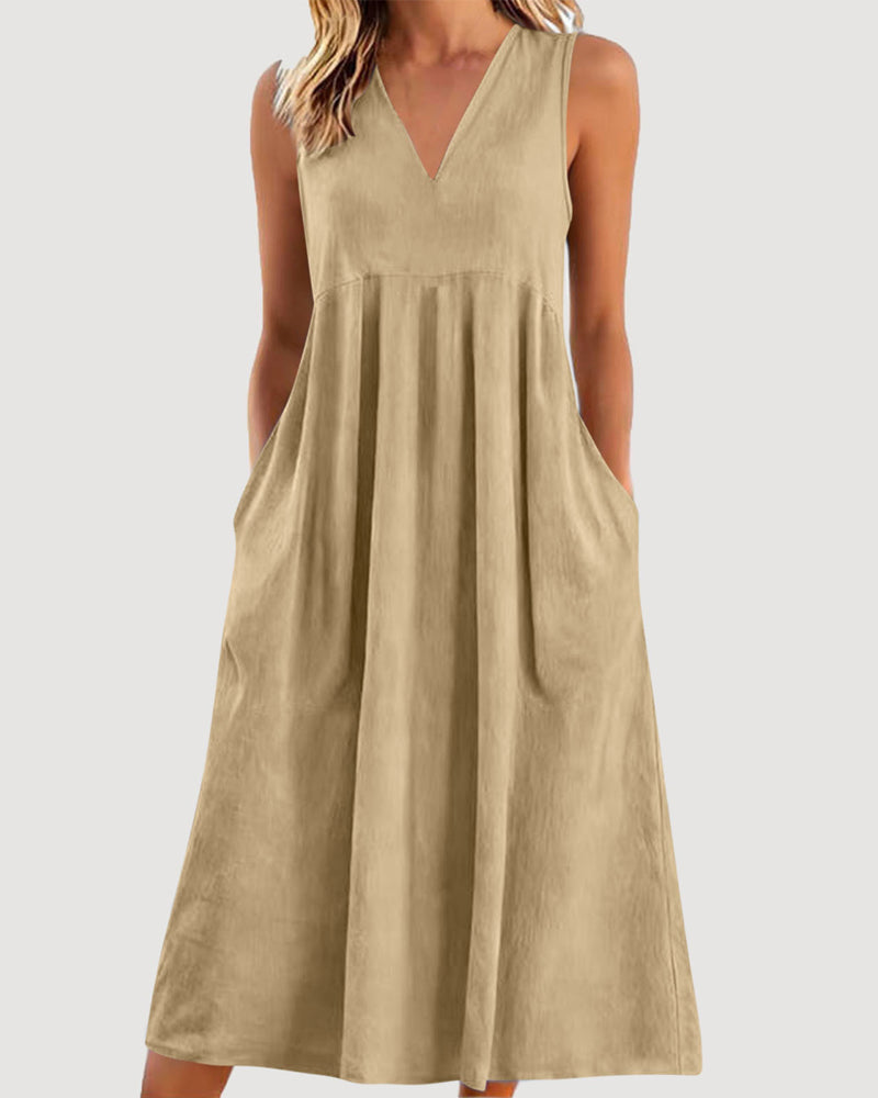 Robe Unie Col V Sans Manches