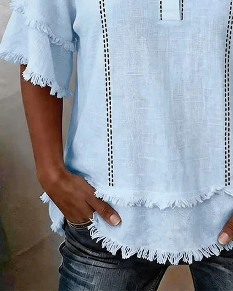 Blouse Col V Volant Couche Demi Patte Bouton