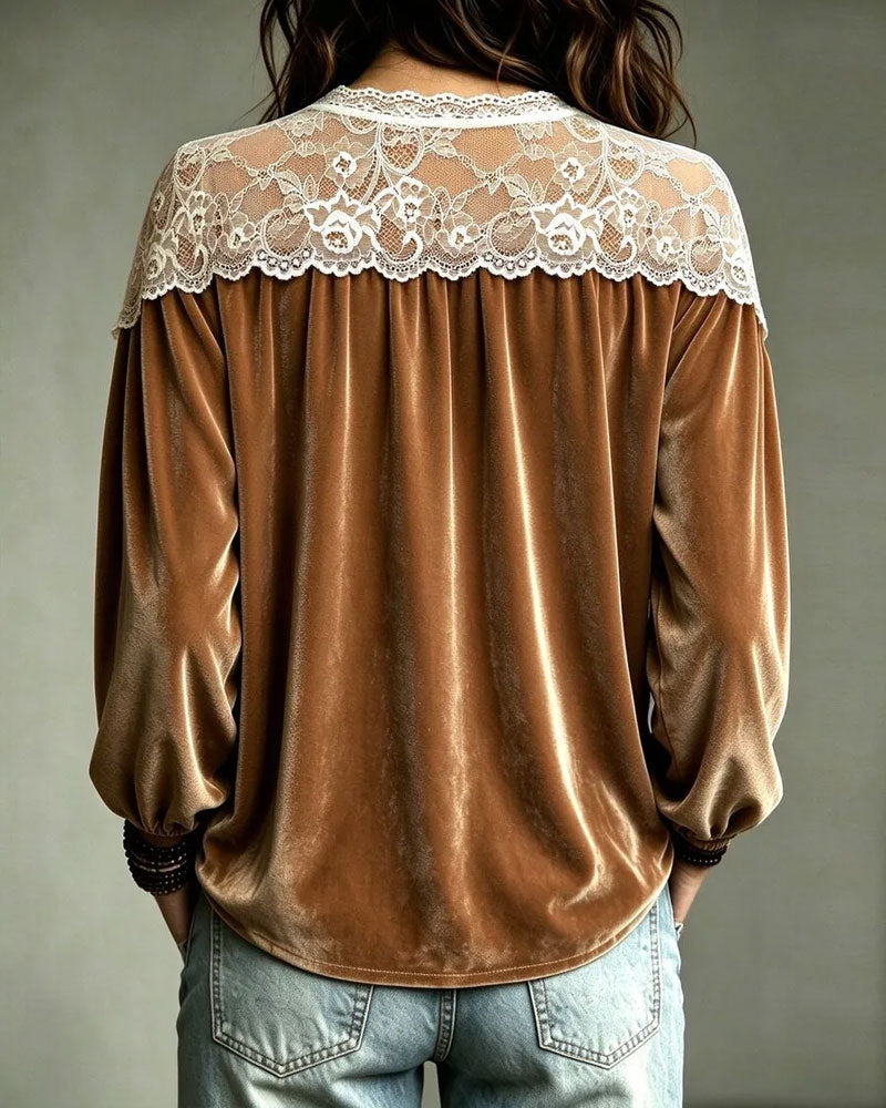 Haut Col V Dentelle Panneau Manches Longues