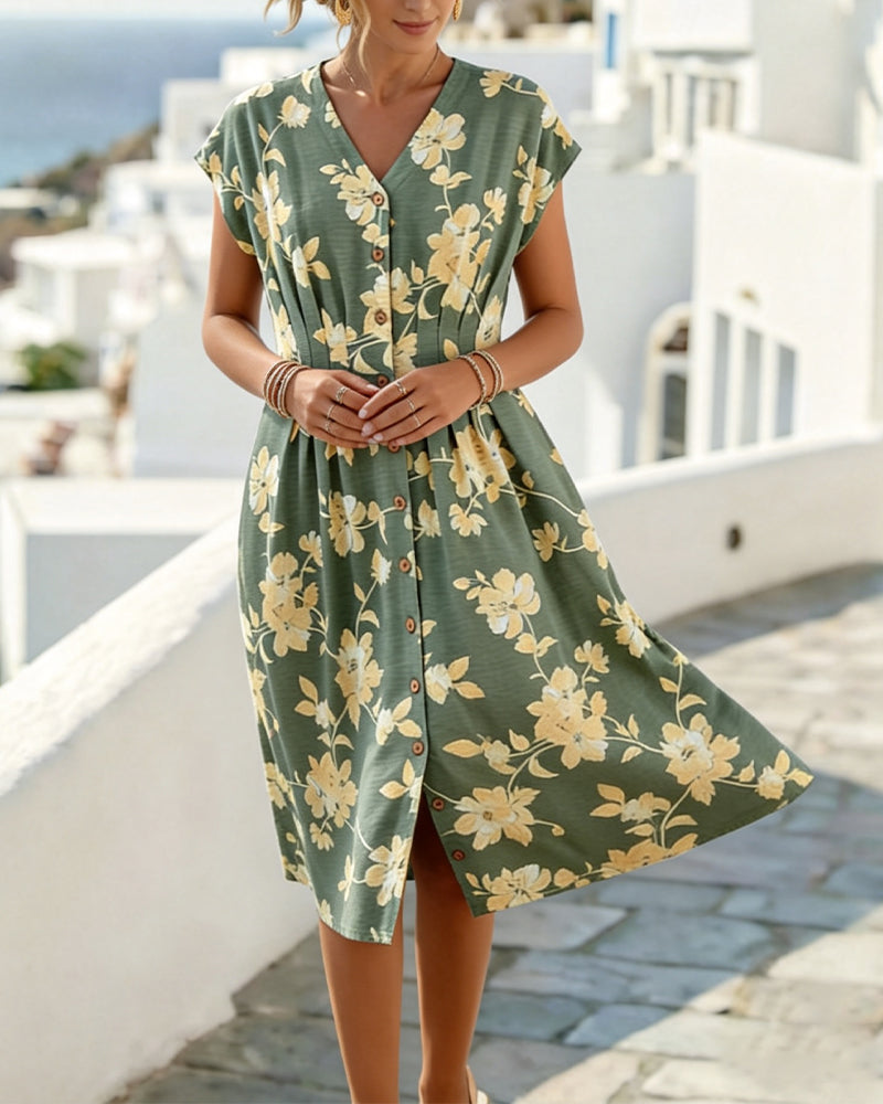 Robe Col En V Imprimé Taille Cintrée Boutonnage Devant