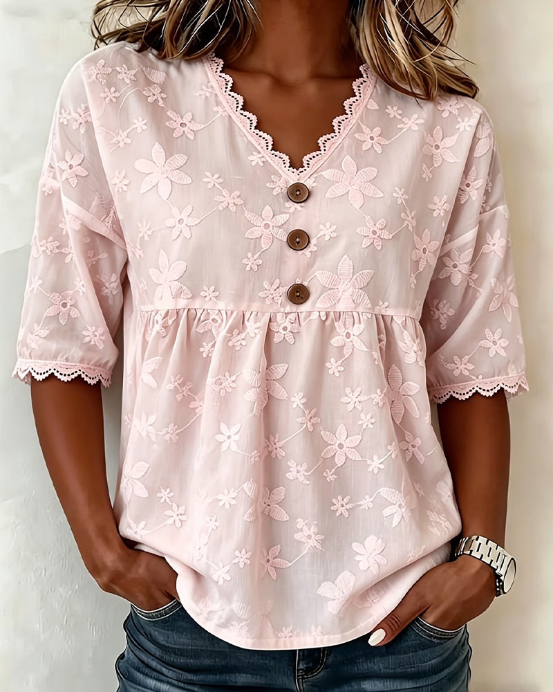 Blouse Fleur Tridimensionnelle Col En V Manches Mi-Longues
