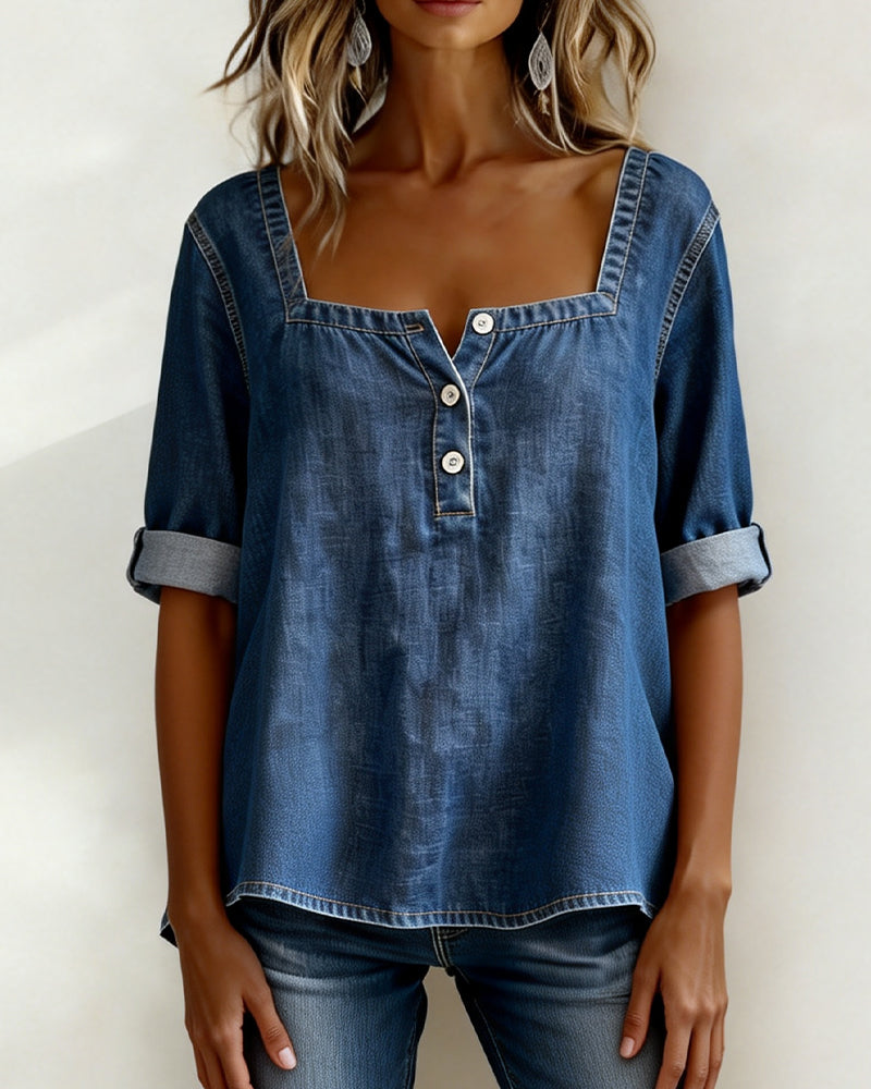 Chemise Col Carré Denim Demi-Manche