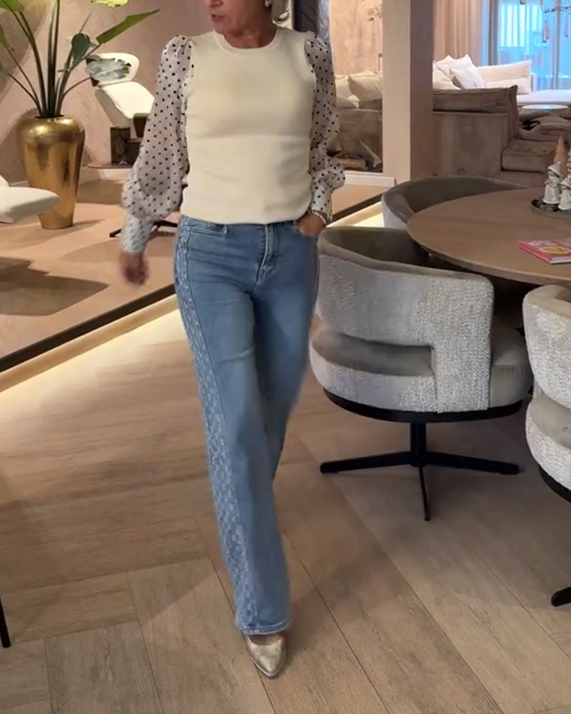 Blouse À Pois À Manches Ballon Et Patchwork