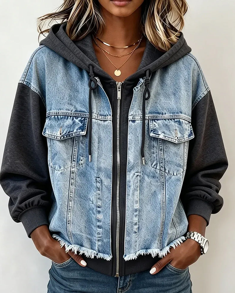Manteau Denim Patchwork À Capuche Sweat