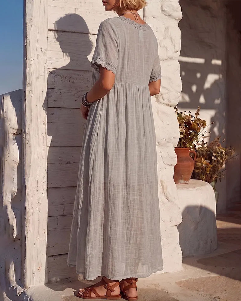 Robe Col En V Froncée Dentelle Patchwork
