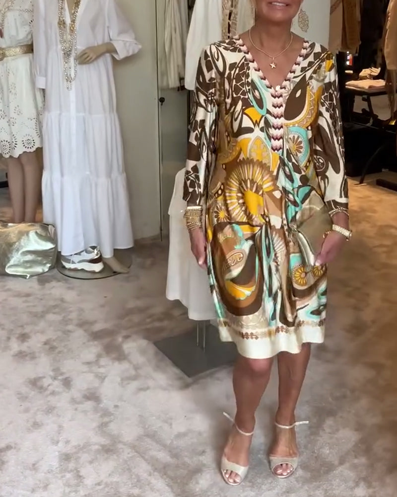 Robe décontractée à col en V et imprimé rétro