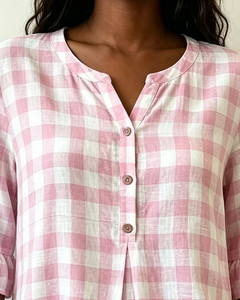 Blouse Col En V Bouton Devant À Carreaux Volant