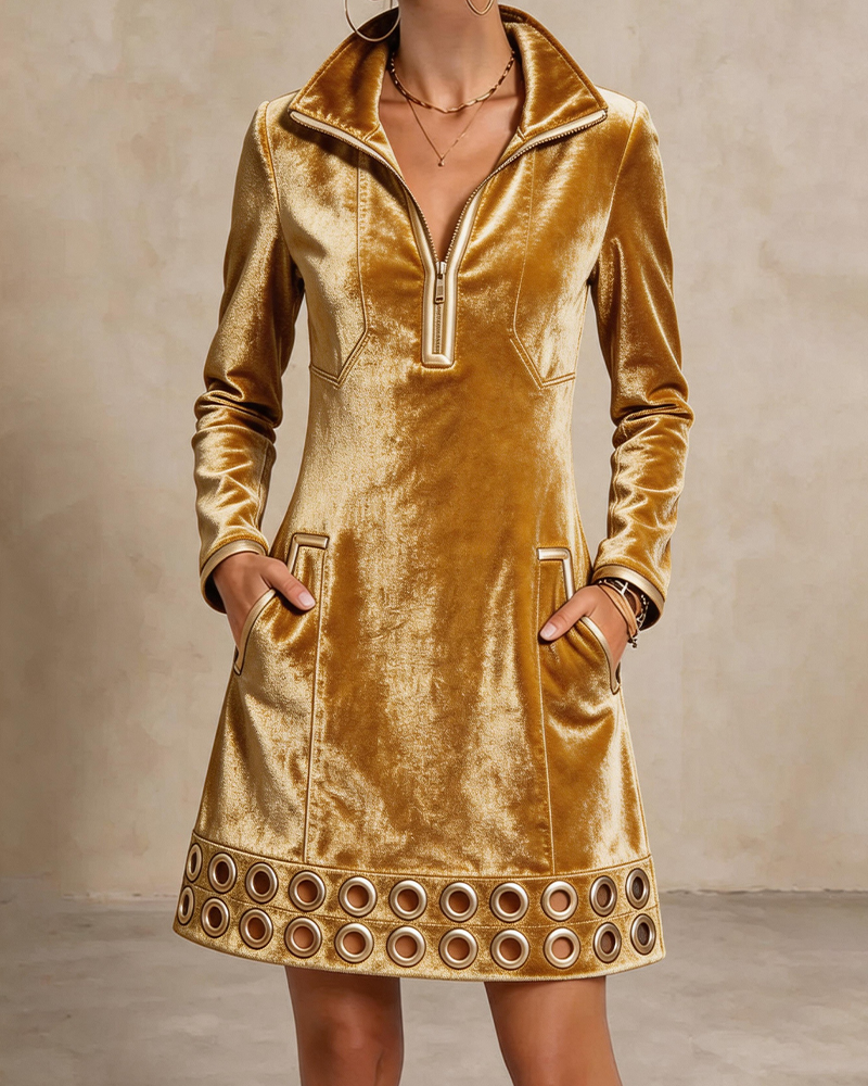 Robe Col Revers Fermeture Éclair Poche Anneau Métallique