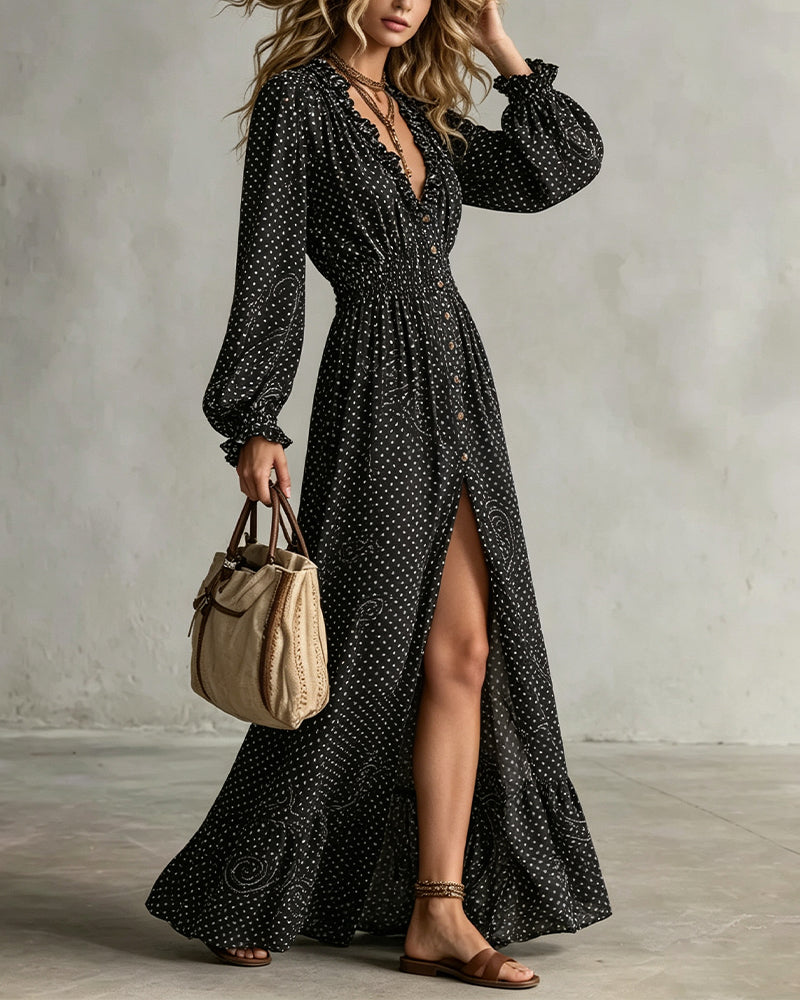 Robe Manche Lanterne Col En V À Pois Fente