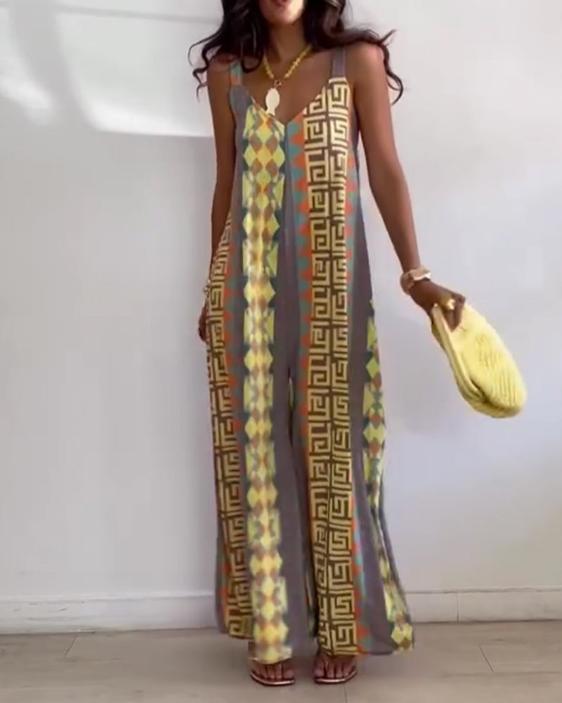 Jumpsuit Imprimé Géométrique Bretelle Spaghetti Jambe Large