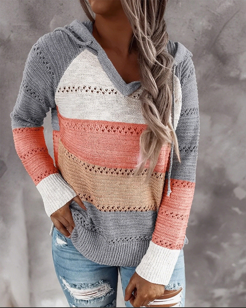 Pullover Bloc De Couleur Découpe Capuche Tricoté