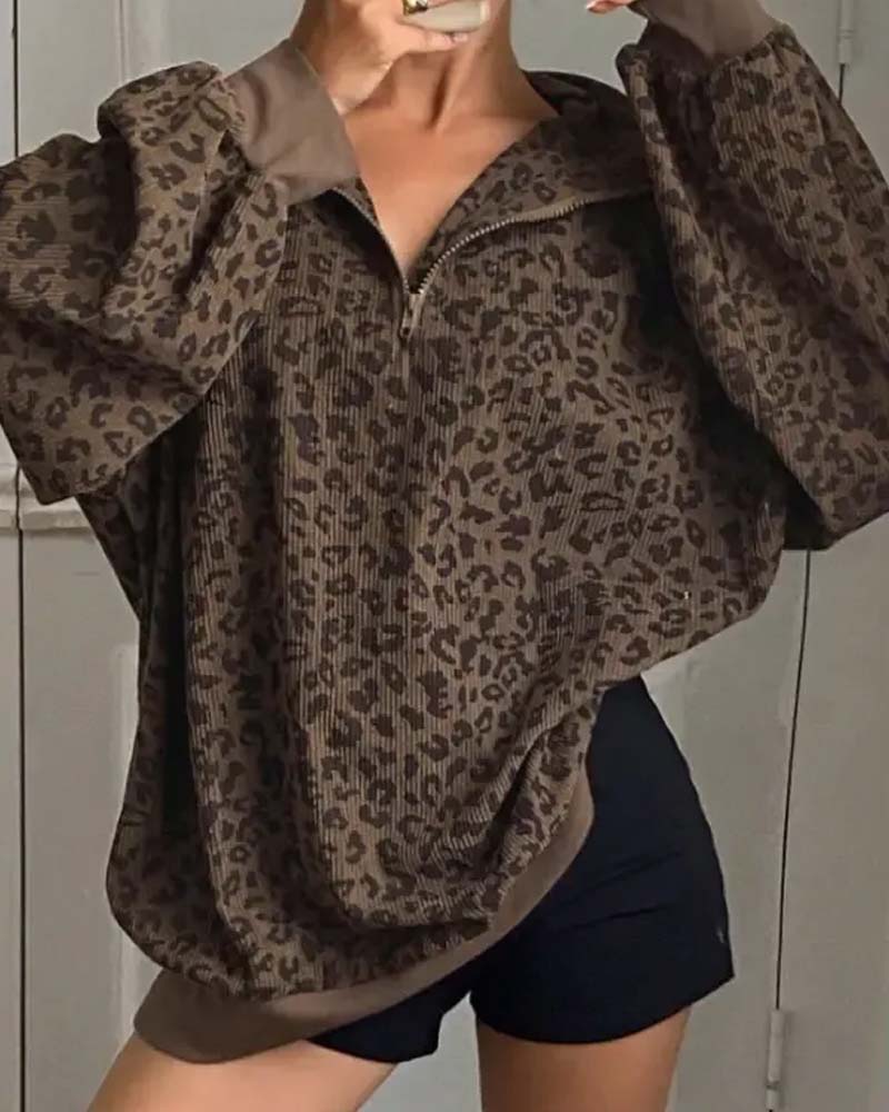 Sweatshirt Fermeture Éclair Léopard Décontracté