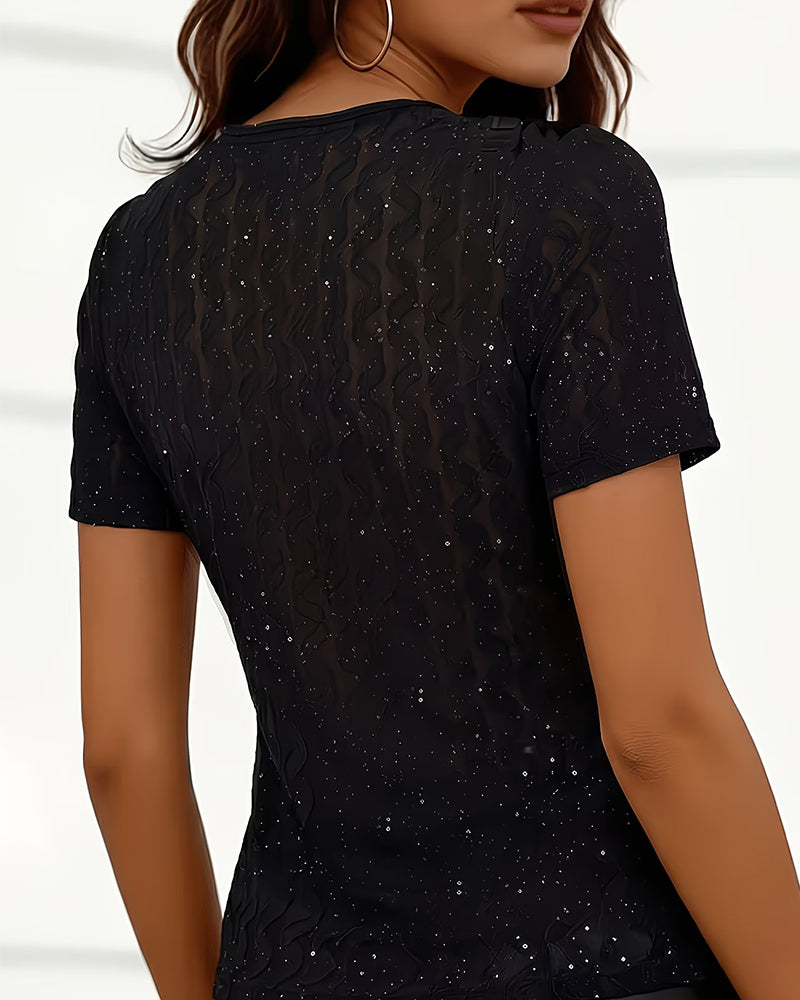 T-Shirts Col V Croix Paillette Slim-Fit