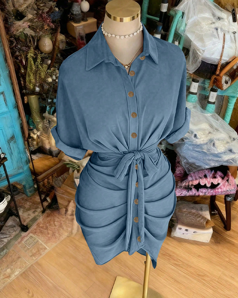 Robe Attacher Bouton Plissé Col Chemise