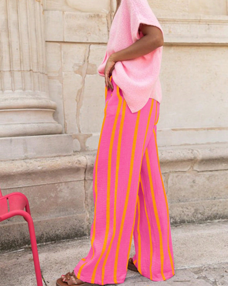 Pantalon Rayure Poche Coupe Loose Jambe Droite Long
