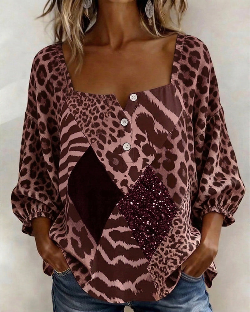 Chemisier Col Carré Imprimé Léopard Patchwork Sequins