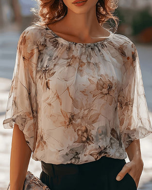Blouse Lavis Encre Florale Manche Bouffante