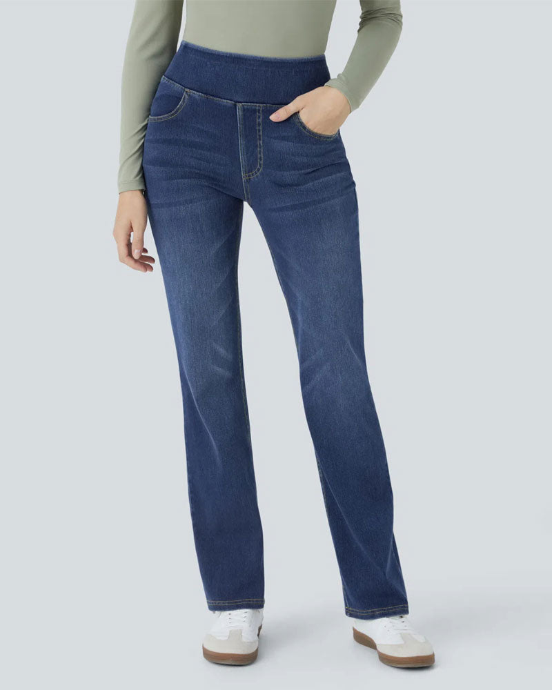 Pantalon Taille Haute Denim Poche Évasé