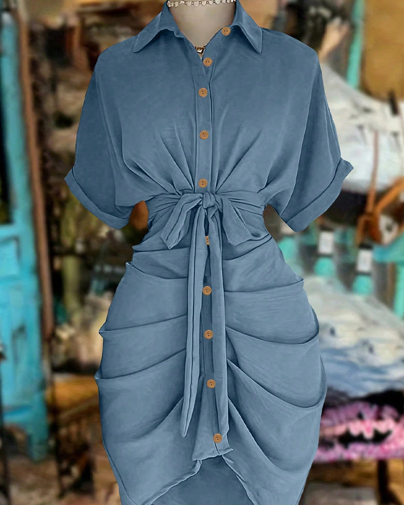 Robe Attacher Bouton Plissé Col Chemise