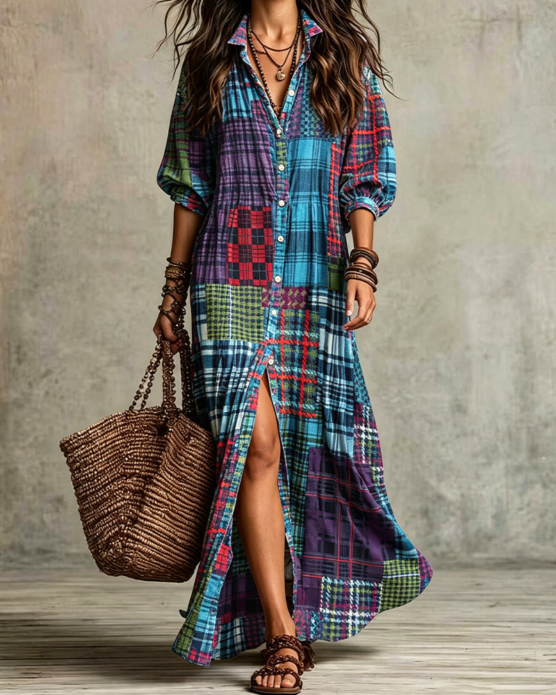 Robe Manche Mi-Longue Vichy Fente Chemise